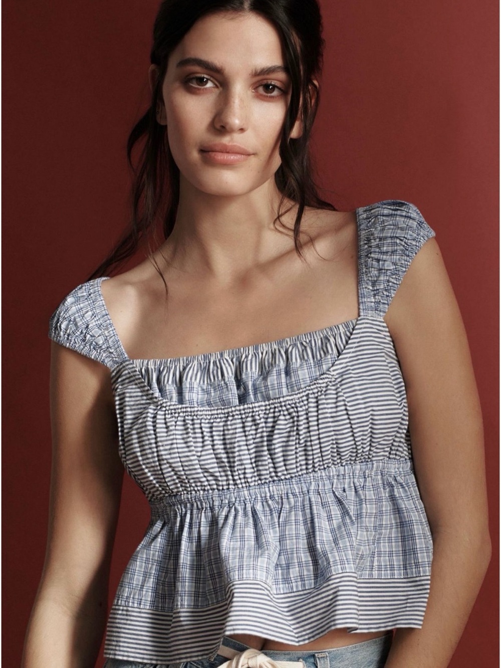 Shirred Bodice Tank-Smocked Blue Stripe Square-Neck tank size M